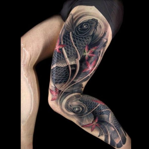 Tattoo chú cá chép hóa thành rồng bắp chân