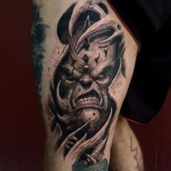 Tattoo mặt quỷ bắp chân 3d siêu đẹp