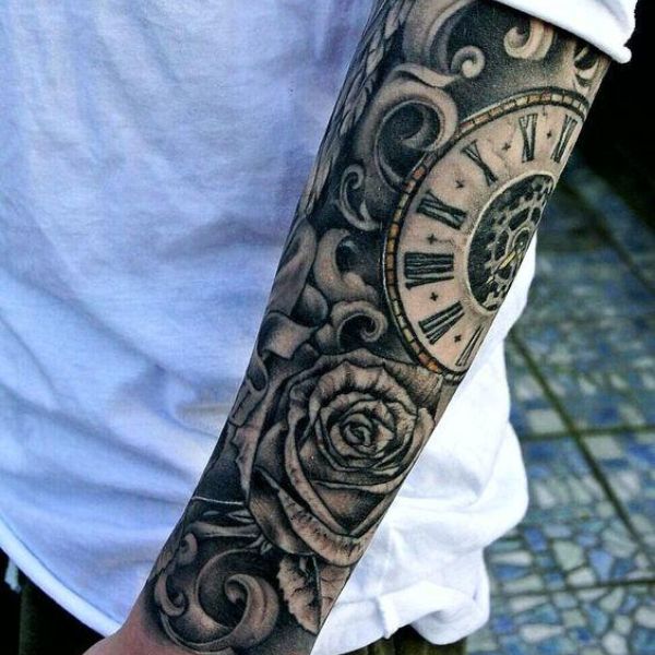 Tattoo cánh tay đồng hồ và hoa hồng