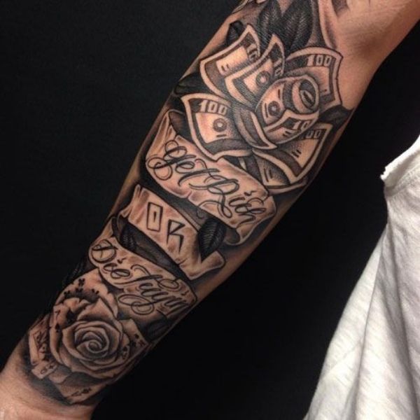 Tattoo cánh tay nam tiền và hoa