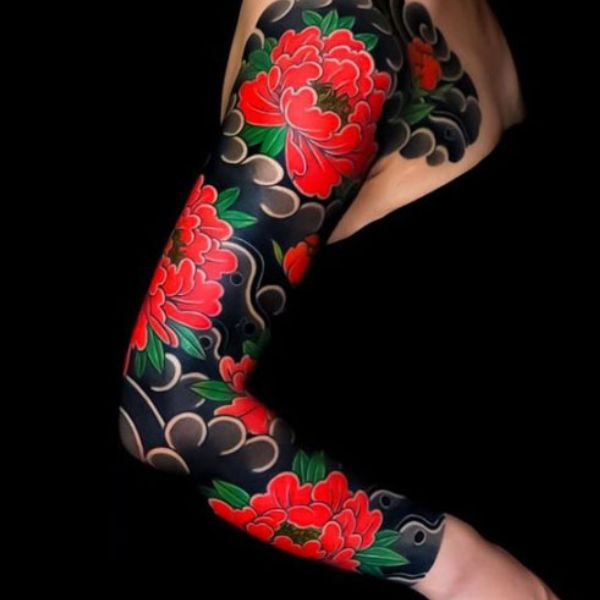 Tattoo full tay hoa kiểu mẫu đơn