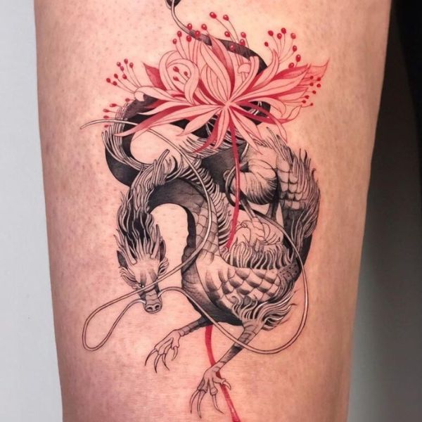 Tattoo hoa bỉ ngạn và rồng đẹp