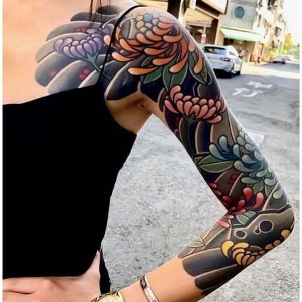 Tattoo hoa kiểu mẫu đơn nhật cổ full tay