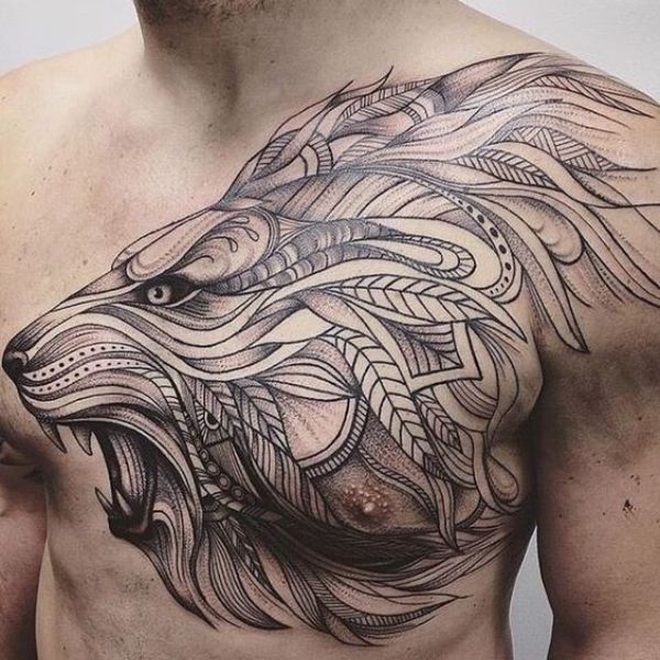 Tattoo ngực phái nam đầu sư tử