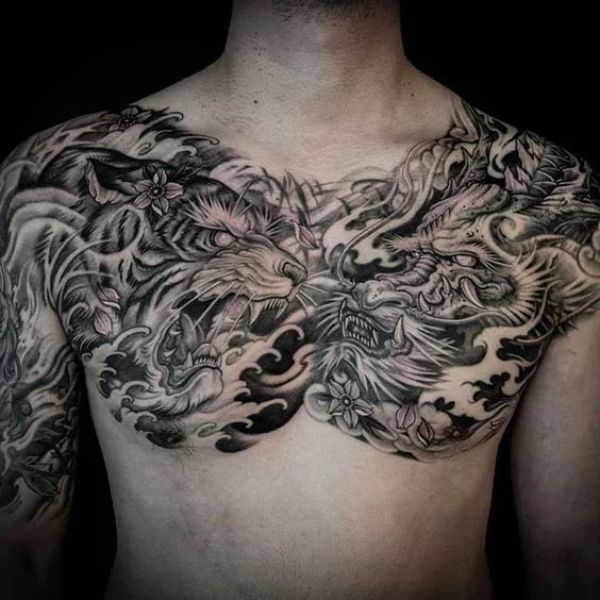 Tattoo ngực nam giới hổ và rồng