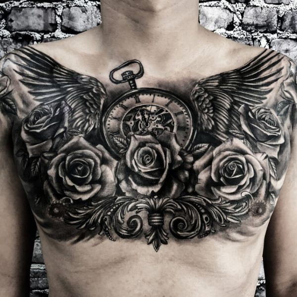 Tattoo ngực phái mạnh hoa hồng