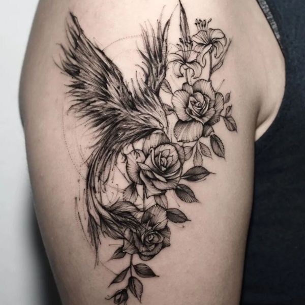Tattoo phượng hoàng và hoa mẫu đơn