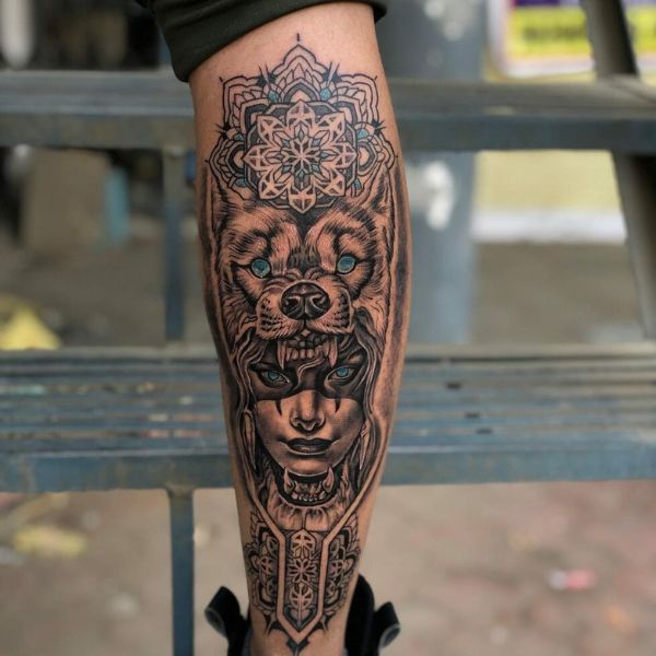 Tattoo sói bắp chân dành cho nam