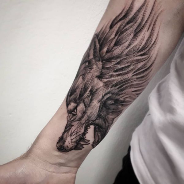 Tattoo sói cánh tay chất dành cho nam