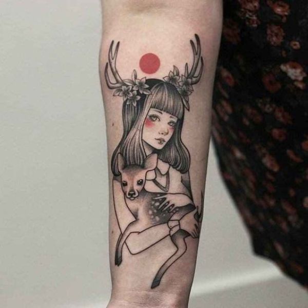 Tattoo cô gái buồn ôm con hươu