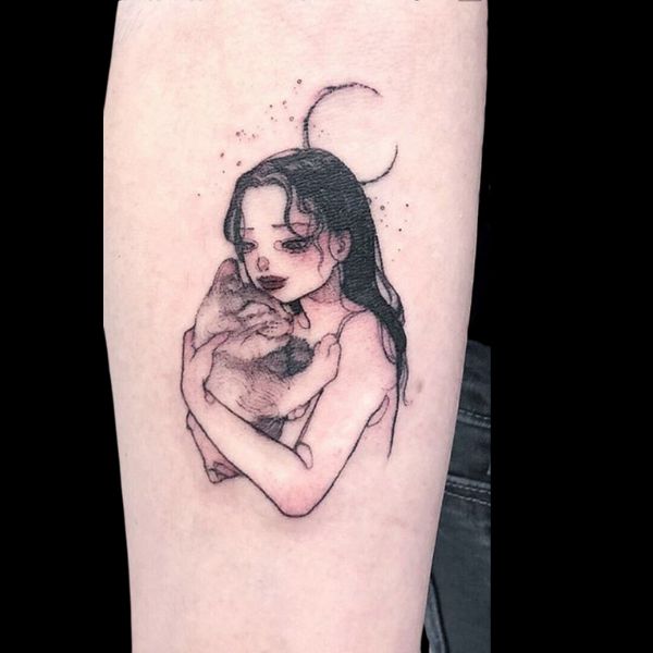 Tattoo cô gái buồn ôm mèo