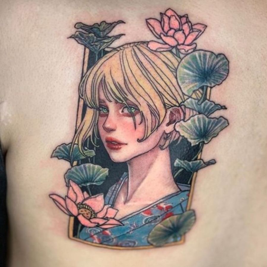 Tattoo cô gái buồn và hoa sen đẹp