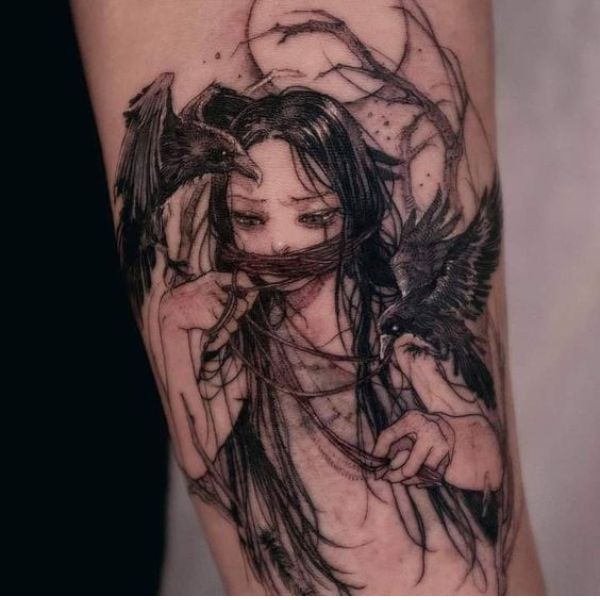 Tattoo cô gái buồn và quạ đen