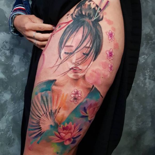 Tattoo geisha hoa anh đào đẹp cho nữ