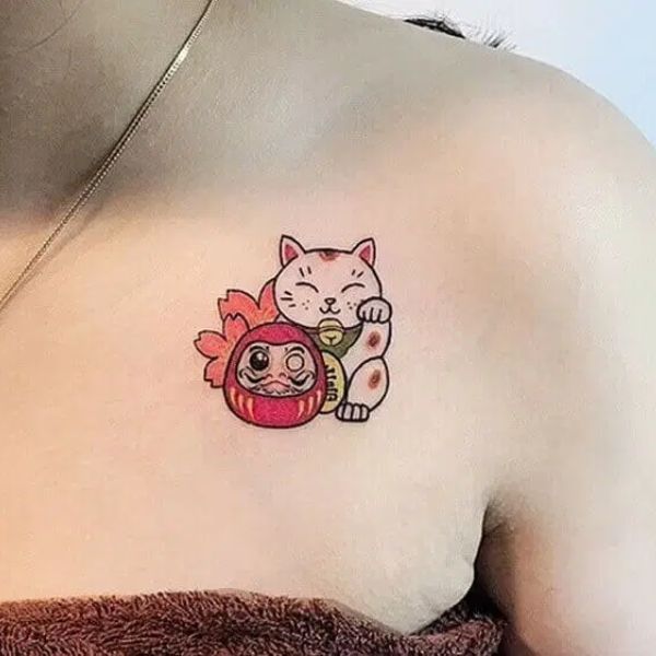 Tattoo mèo thần tài mini ngực nữ giới đẹp