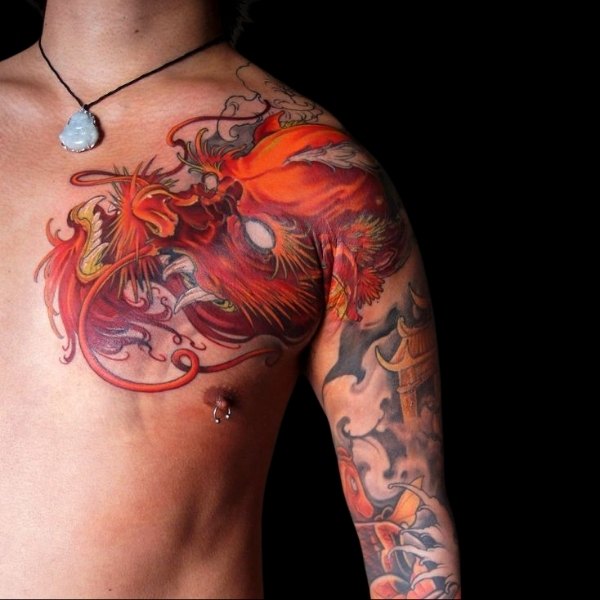 Tattoo rồng lửa cưỡi mây vắt vai