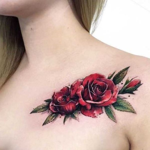 Tattoo trước ngực hoa hồng đỏ