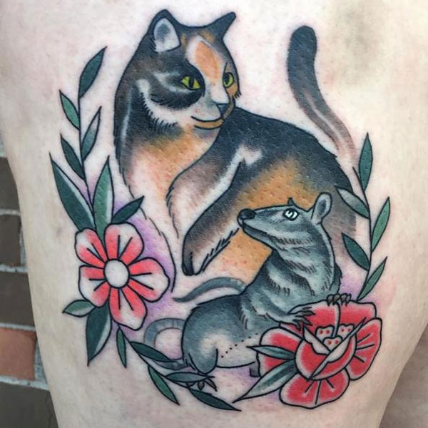Tattoo con chuột và mèo