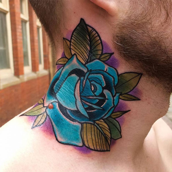 Tattoo hoa hồng xanh ở cổ cực đẹp