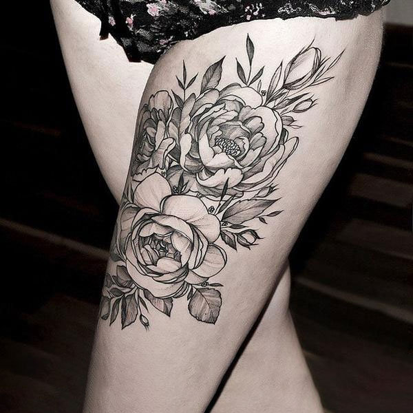 Tattoo hoa mẫu đơn nhật cổ full chân