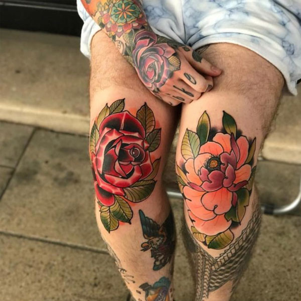 Tattoo hoa mẫu đơn ở bắp chân đẹp