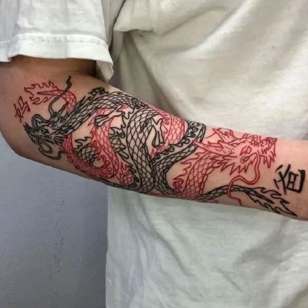 Tattoo rồng châu á đỏ đen