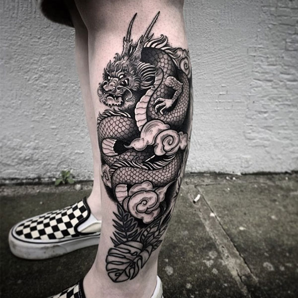 Tattoo rồng châu á bắp chân