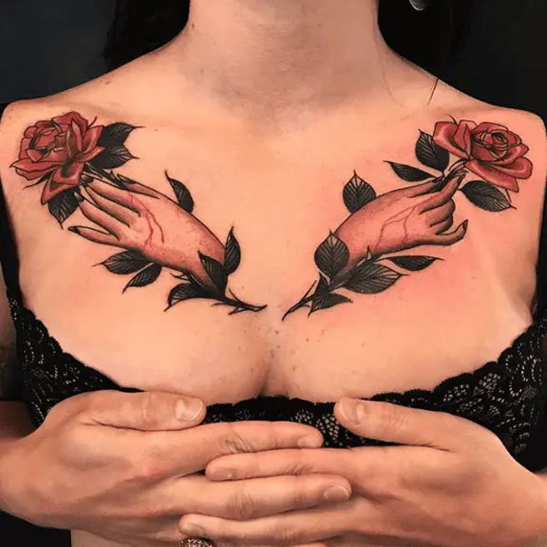Hình xăm hoa hồng trên tay ở ngực 