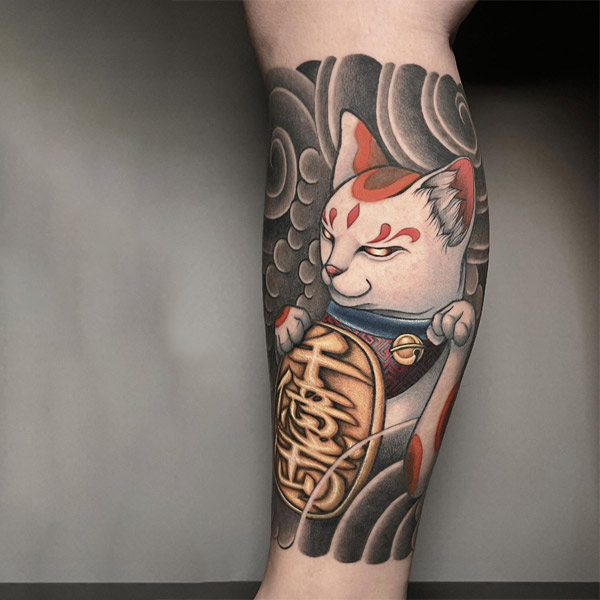 Hình xăm Nhật Cổ mèo thần tài Samurai 